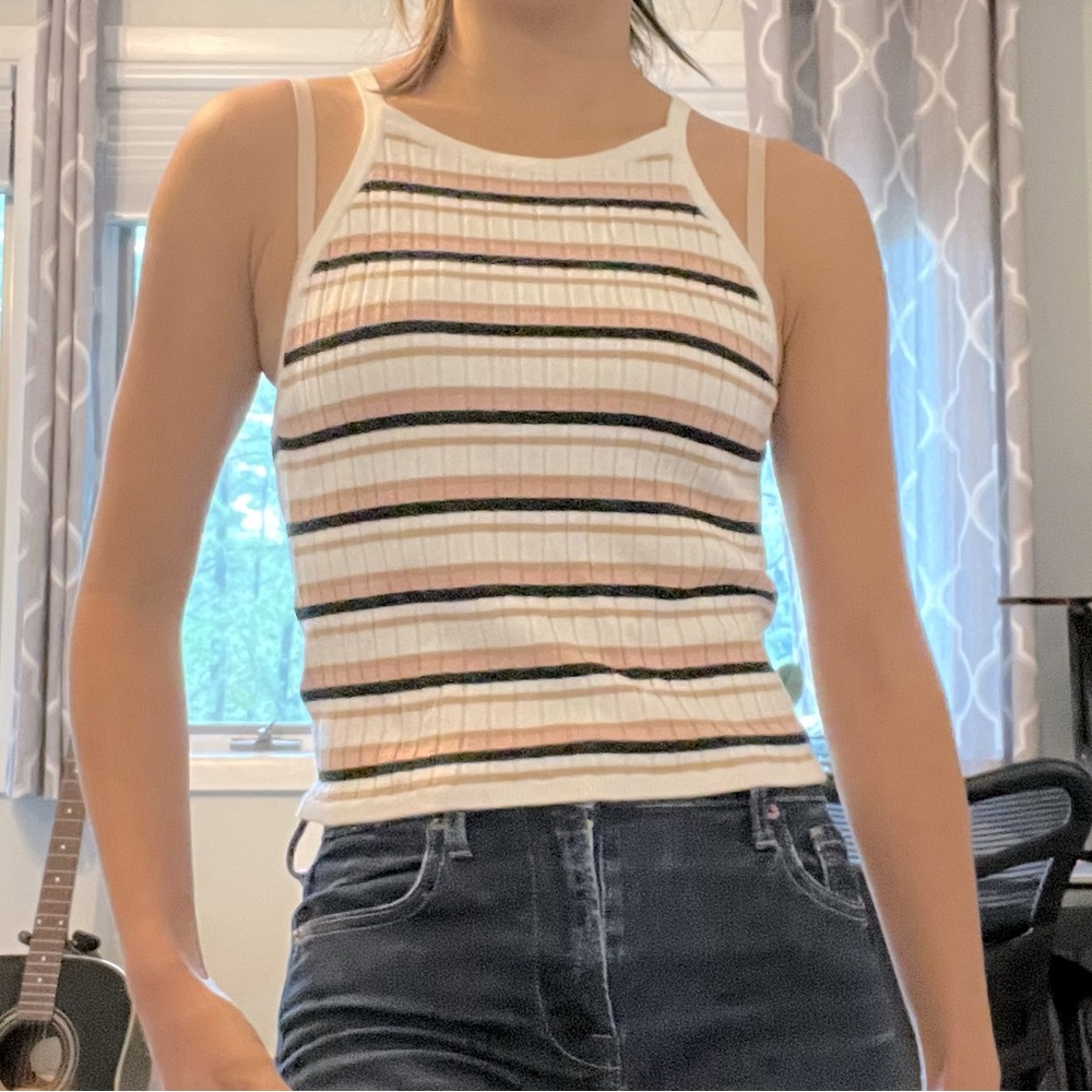 H&M M Divided Pink White Black Gold Vintage 70’s Style Striped Halter Tank Top